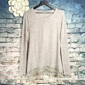 easel | Gypsy Boho Gray Knit Lace Trimmed Loungewear Swing Cut Tunic Top